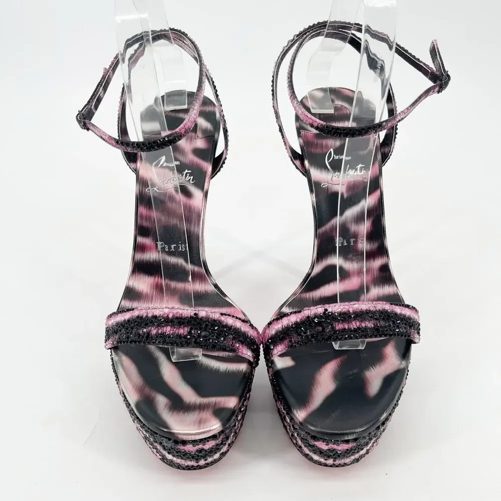 Christian Louboutin Loubi Queen Alta Pink Black Strass Platform Sandals EU 42